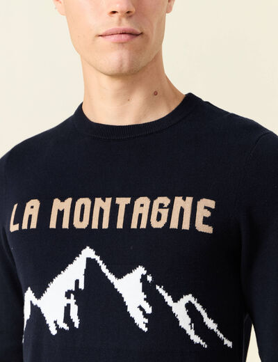 Pull col rond manches longues en coton bleu fonc&eacute; homme