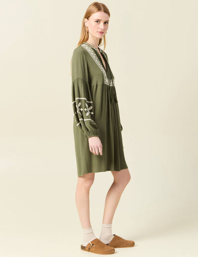 Robe brodée éco-responsable vert kaki femme