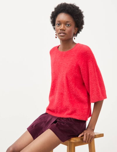 Pull droit manches 3/4 col rond rouge femme