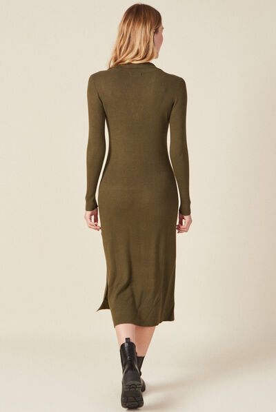 Robe pull longue moulante vert kaki femme