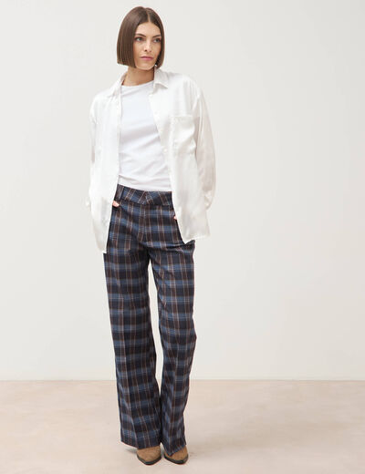 Pantalon flare &agrave; carreaux taille haute bleu gris femme