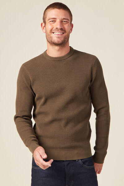 Pull manches longues col rond vert kaki homme