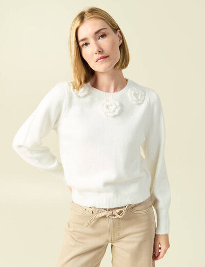 Pull manches longues col rond ecru femme