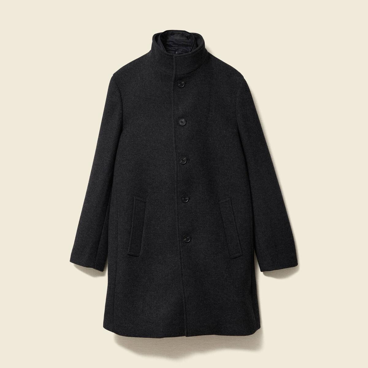 Manteau droit long col montant noir homme