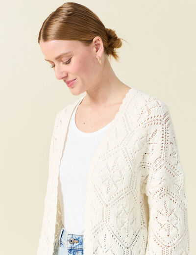 Gilet manches 3/4 ajouré ecru femme