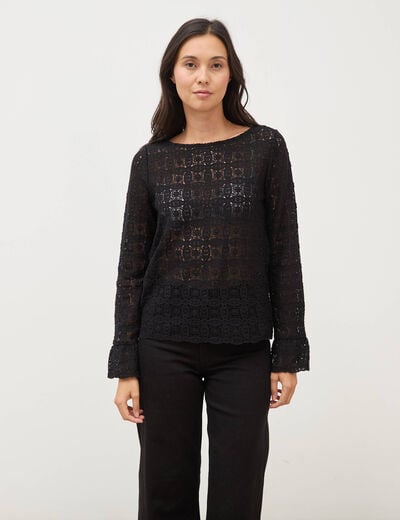 T-shirt manches longues en dentelle noir femme