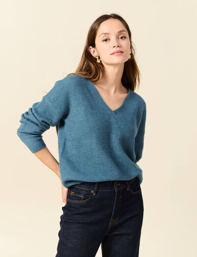 Pull manches longues col en V bleu gris femme