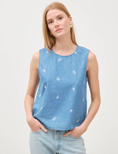 Top en jeans sans manches col rond bleu clair femme