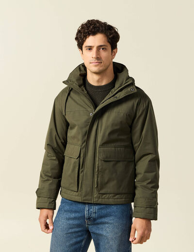 Parka droite courte &agrave; capuche vert kaki homme