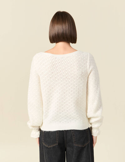 Pull ajour&eacute; col bateau manches longues ecru femme