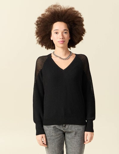 Pull ajour&eacute; col V manches longues noir femme
