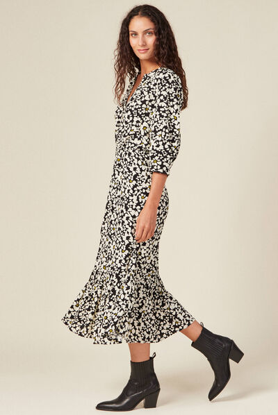 Robe longue évasée volantée noir femme