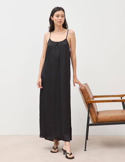 Robe bretelle satin&eacute;e col rond noir femme