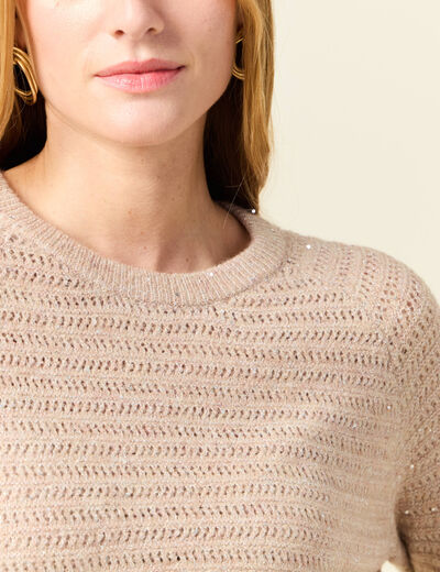 Pull manches longues sequins rose clair femme