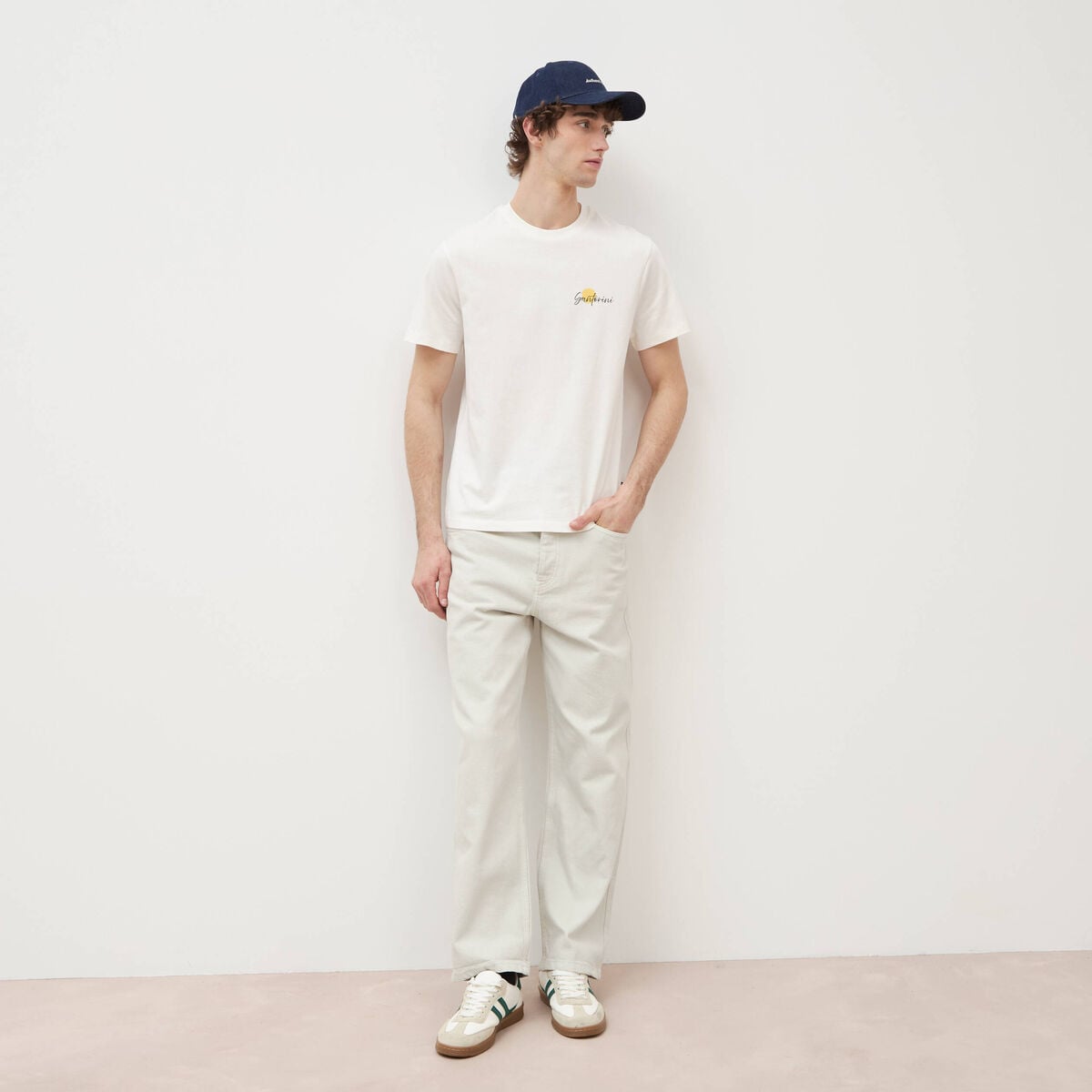 T-shirt droit en coton col rond ecru homme