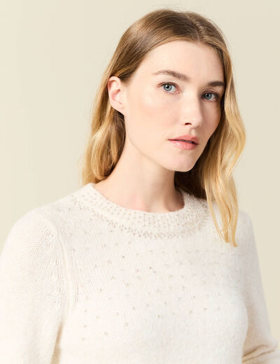 Pull manches longues perles ecru femme