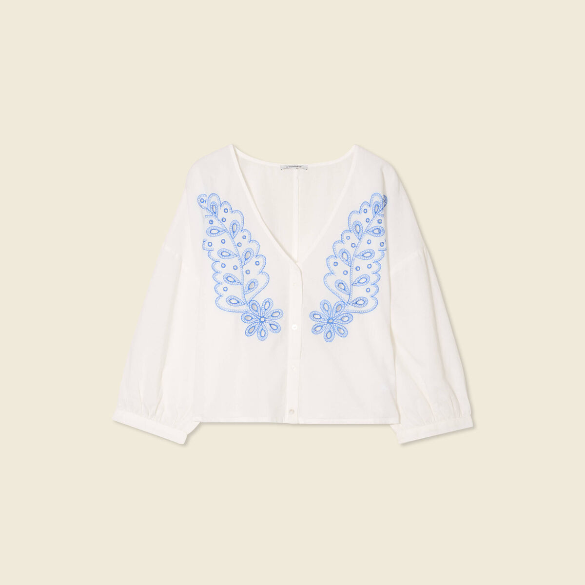 Blouse manches 3/4 brodée ecru femme