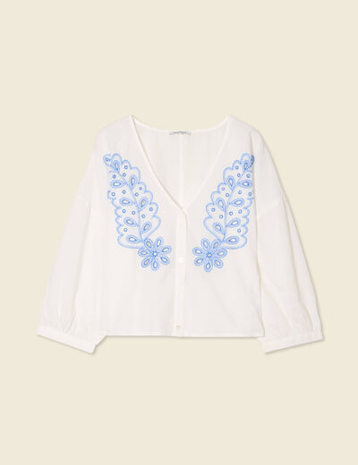 Blouse manches 3/4 brodée ecru femme