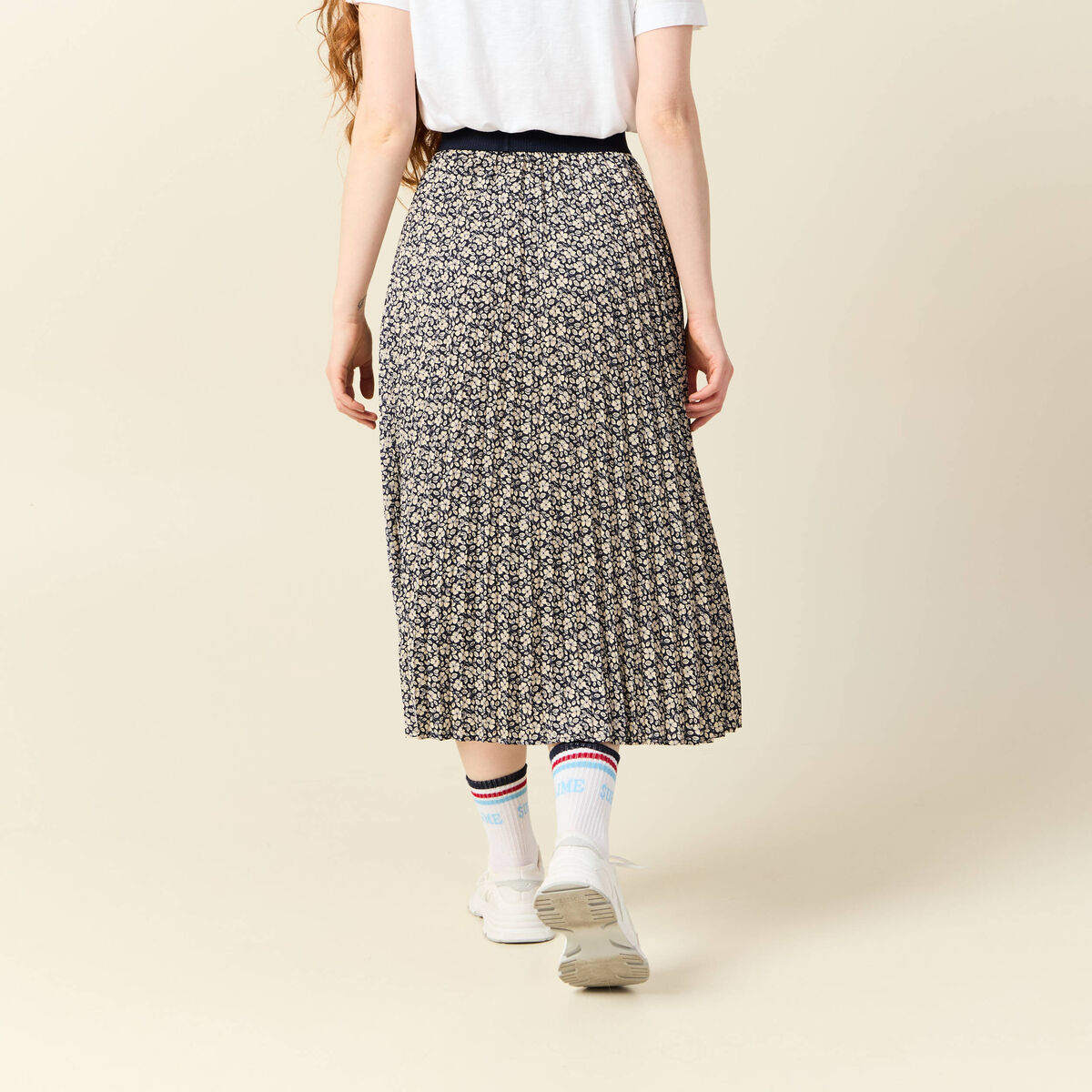 Jupe longue droite plissée bleu marine femme
