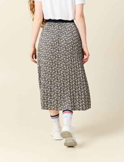 Jupe longue droite plissée bleu marine femme