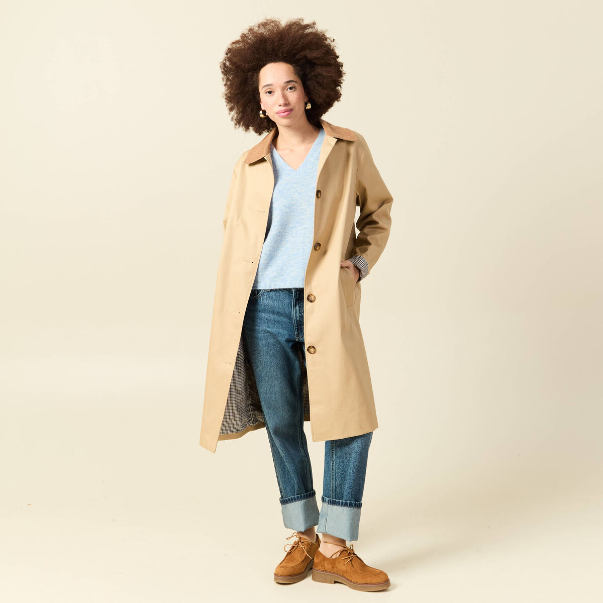 Pull col v manches 3/4 bleu ciel femme