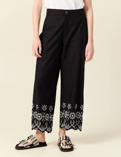Pantalon large brodé 7/8ème noir femme