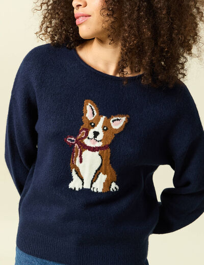 Pull col rond manches longues bleu marine femme