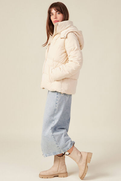 Doudoune droite à capuche beige femme