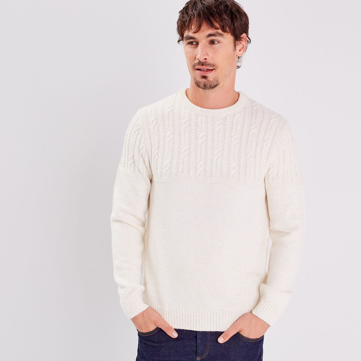 Pull manches longues torsades ecru homme