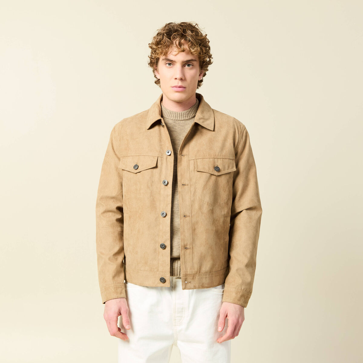 Blouson droit court col classique marron homme