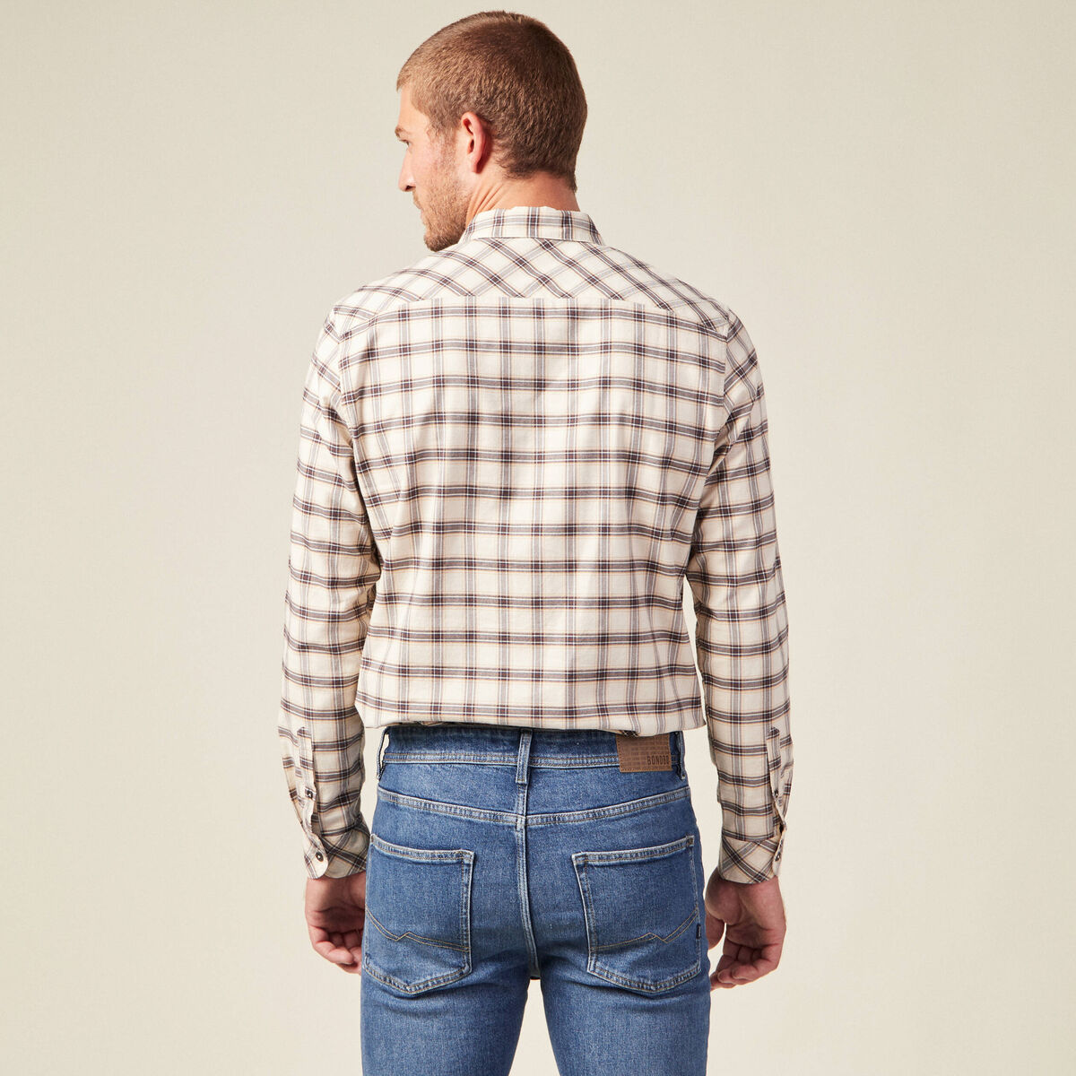 Chemise &agrave; carreaux en coton ecru homme