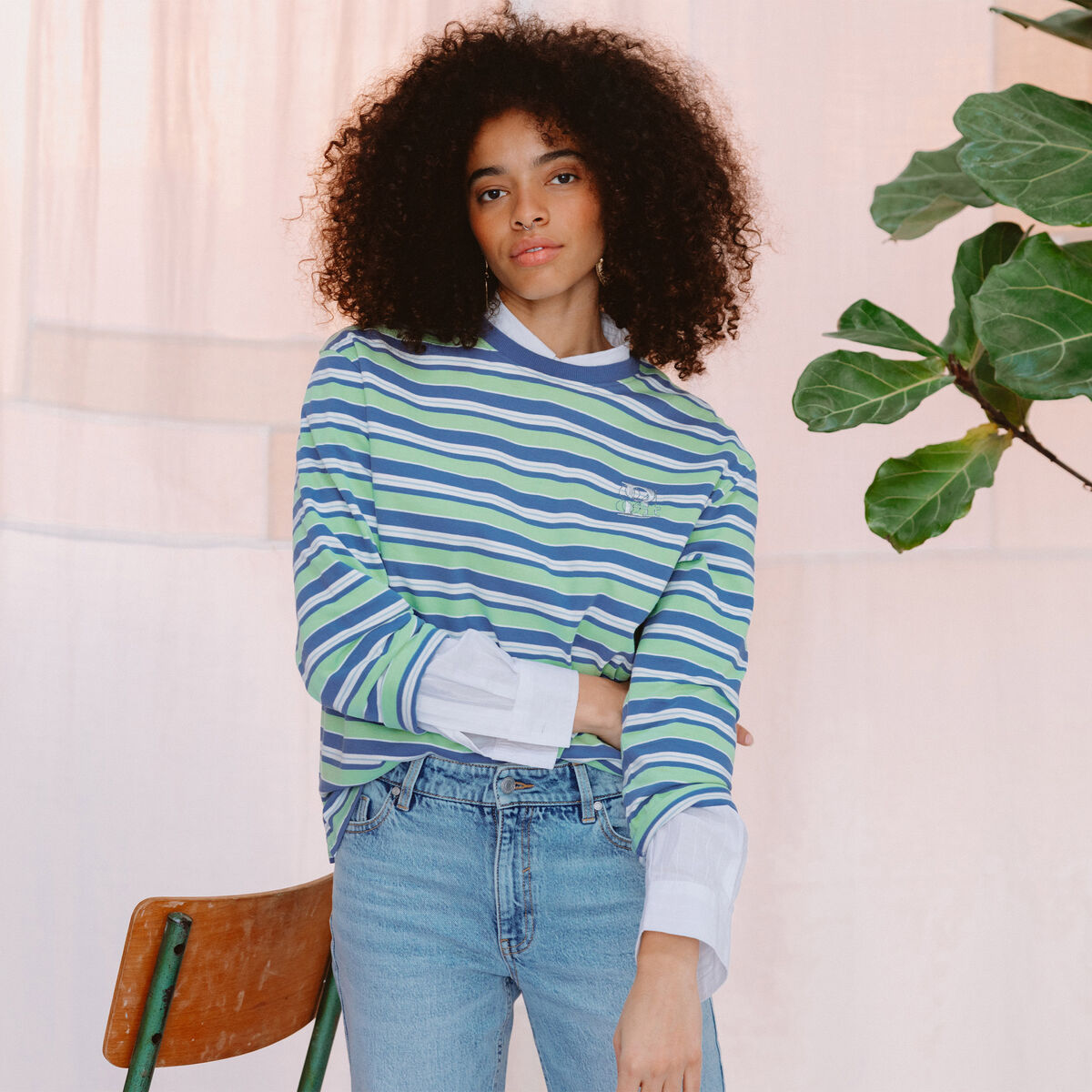 T-shirt ray&eacute; col rond manches longues vert menthe femme