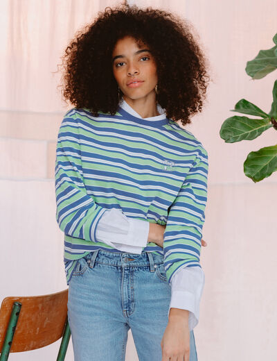 T-shirt ray&eacute; col rond manches longues vert menthe femme