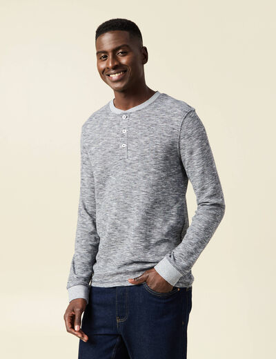 T-shirt en coton manches longues bleu fonc&eacute; homme