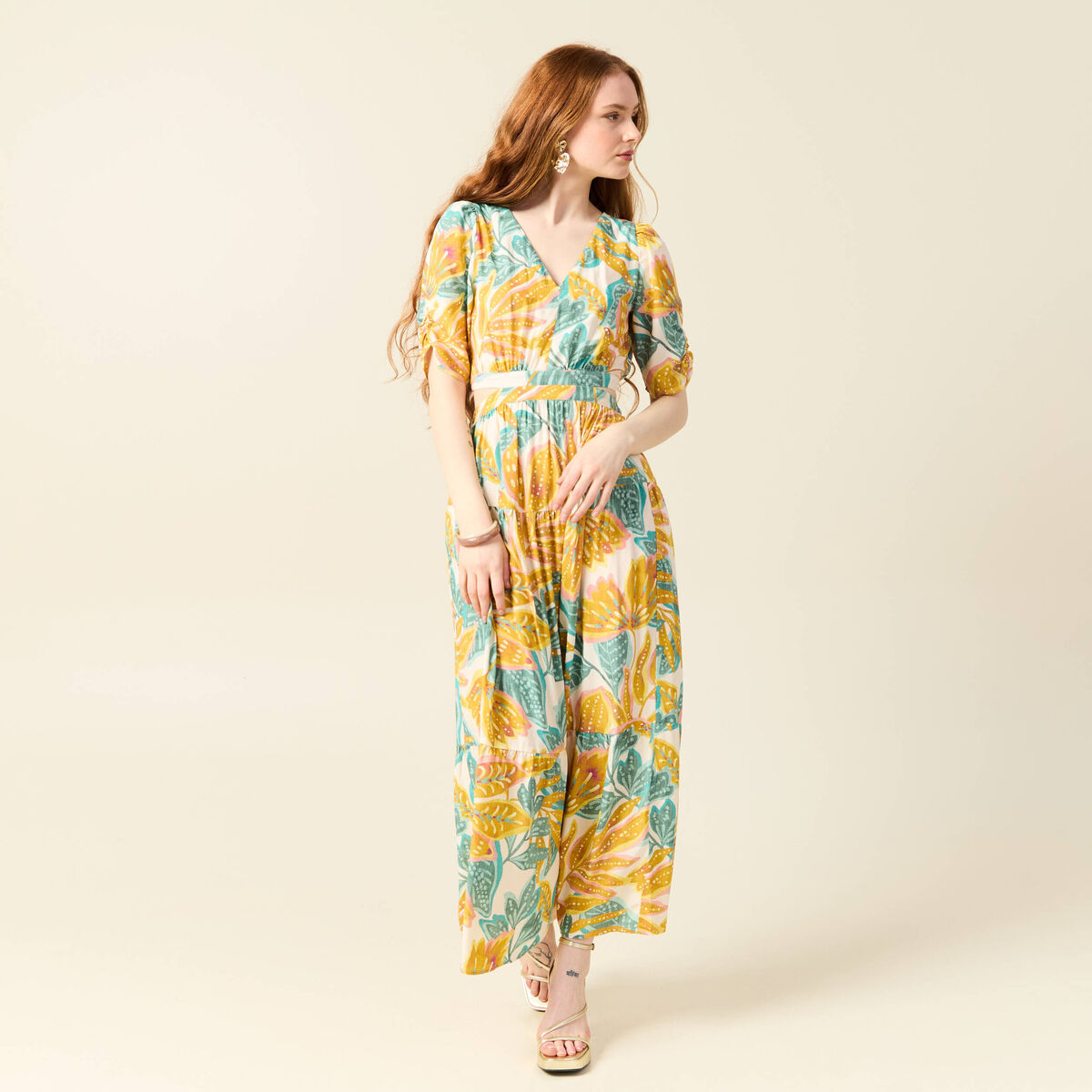 Robe longue évasée blanc femme