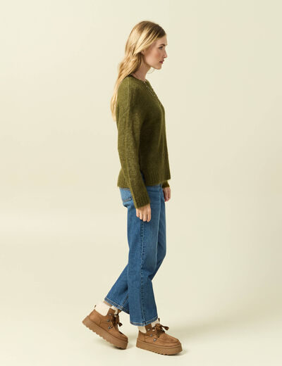Pull col rond manches longues vert kaki femme