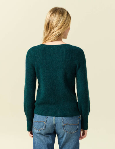Pull col bateau manches longues vert fonc&eacute; femme