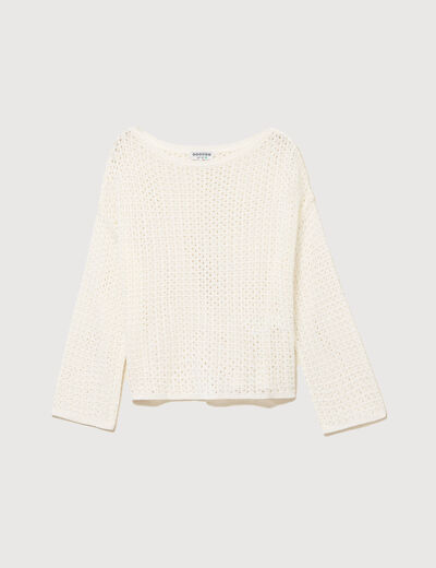 Pull ajour&eacute; col bateau manches longues ecru femme