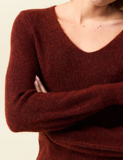 Pull col V manches longues orange fonc&eacute; femme