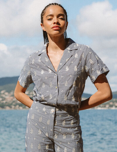 Chemise en coton manches courtes noir femme