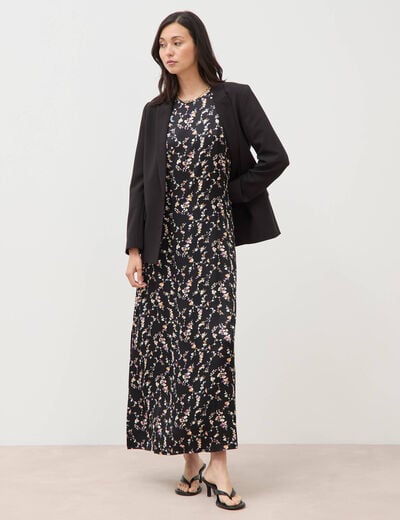 Robe longue droite sans manches col v noir femme