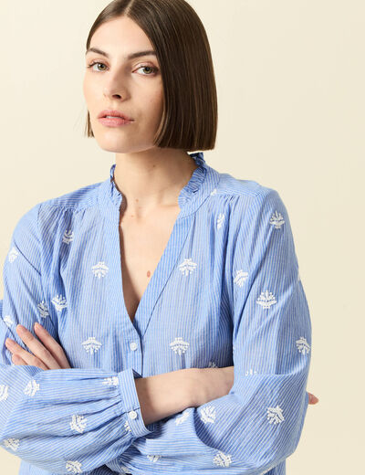 Blouse manches longues en coton brod&eacute; bleu gris femme