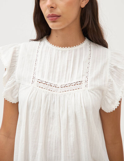 Top col rond manches courtes en coton ecru femme
