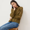 Blouse cintr&eacute;e dentelle manches longues vert olive femme
