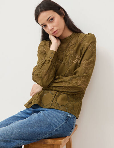 Blouse cintr&eacute;e dentelle manches longues vert olive femme
