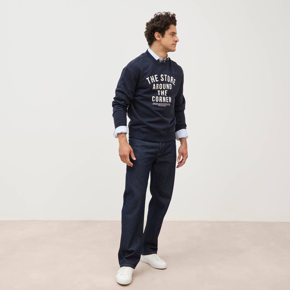 Sweat droit col rond en coton bleu marine homme