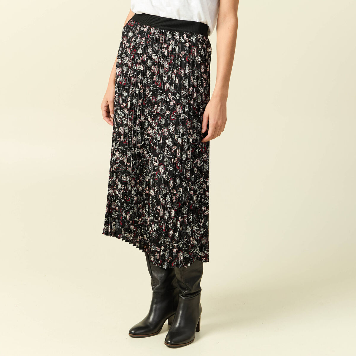 Jupe longue droite pliss&eacute;e noir femme