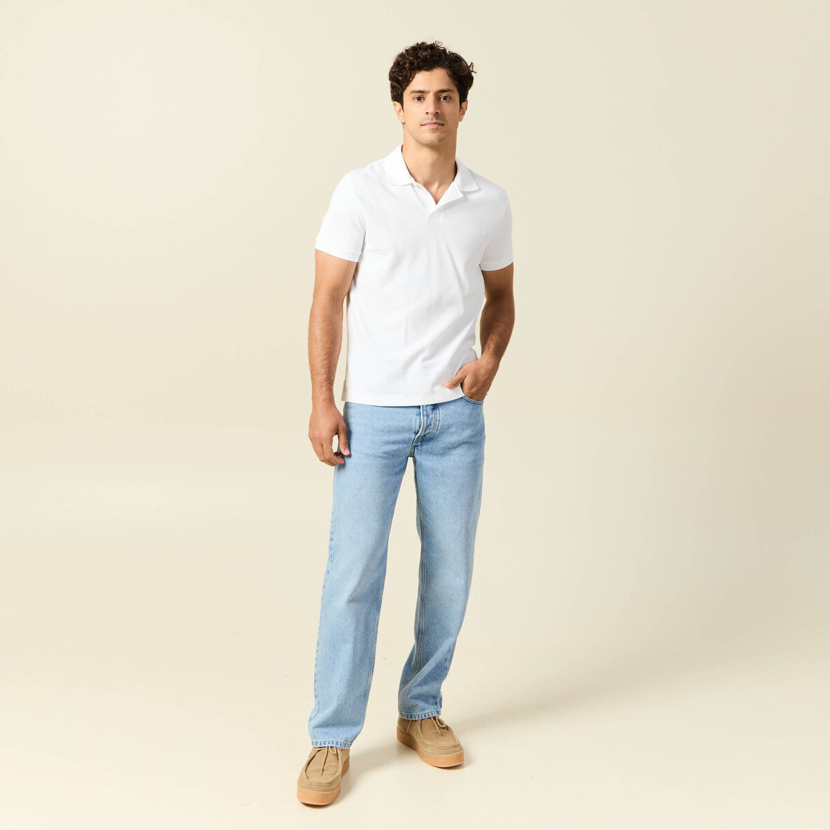 Polo cintré col cubain manches courtes blanc homme