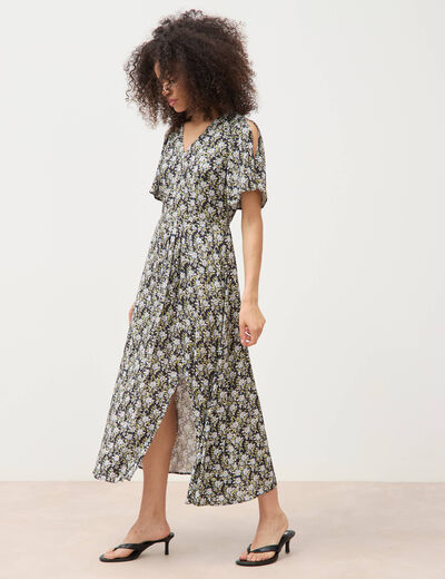 Robe fluide col v manches courtes noir femme