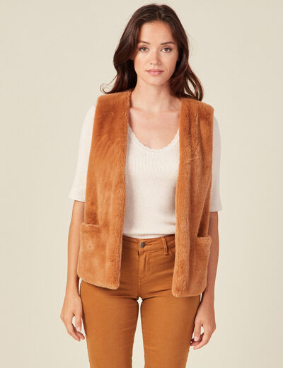 Veste droite fausse fourrure marron femme